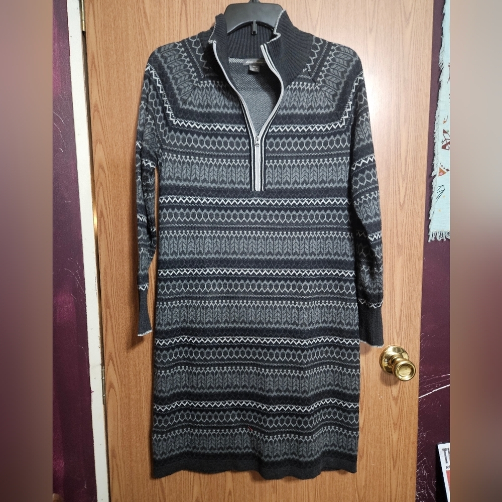 Eddie Bauer Sweater Knit Charcoal Grey/White Stretch Dress Quqrter Zip Size Med!